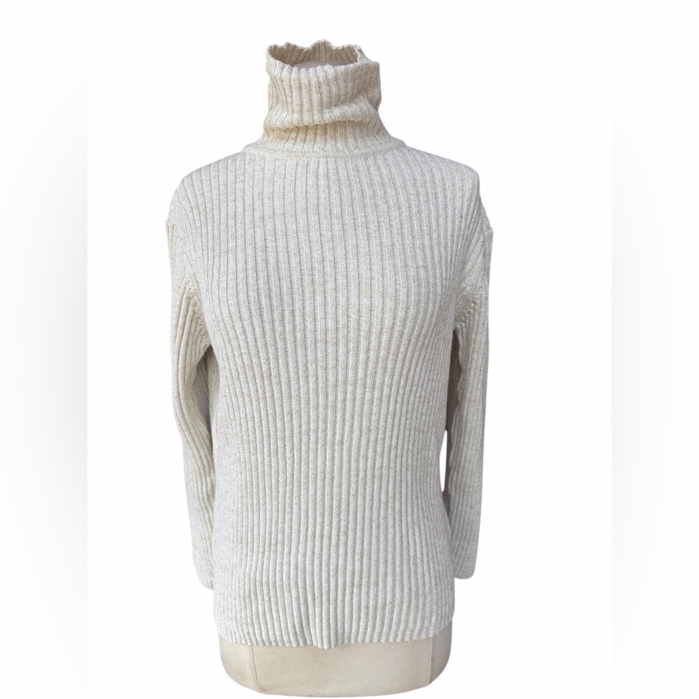 1990s Basic Editions Cream Cotton Metallic Gold Ribbed-Knit Turtleneck Sweater